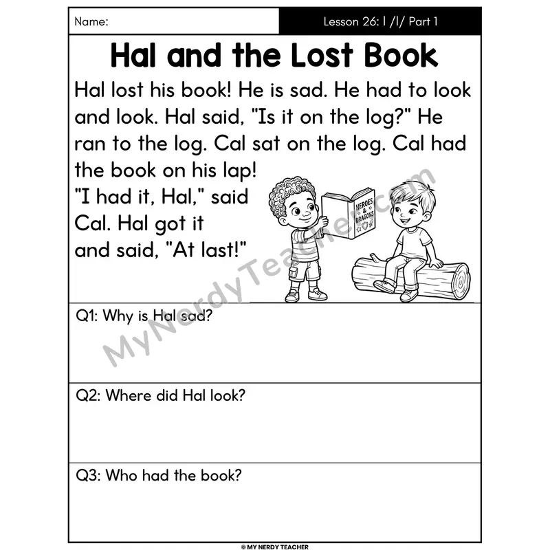 Letter L Sound Part 1 Decodable Passage - Hal and the Lost Book (Answer Boxes)