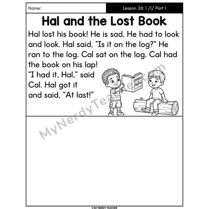 Letter L Sound Part 1 Decodable Passage - Hal and the Lost Book (Draw the Story)