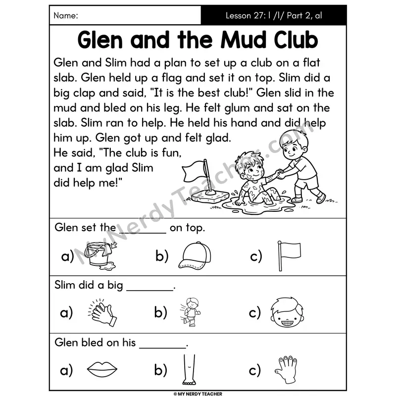 Letter L Sound Part 2 and -al Decodable Passage - Glen and the Mud Club (Picture Choices)