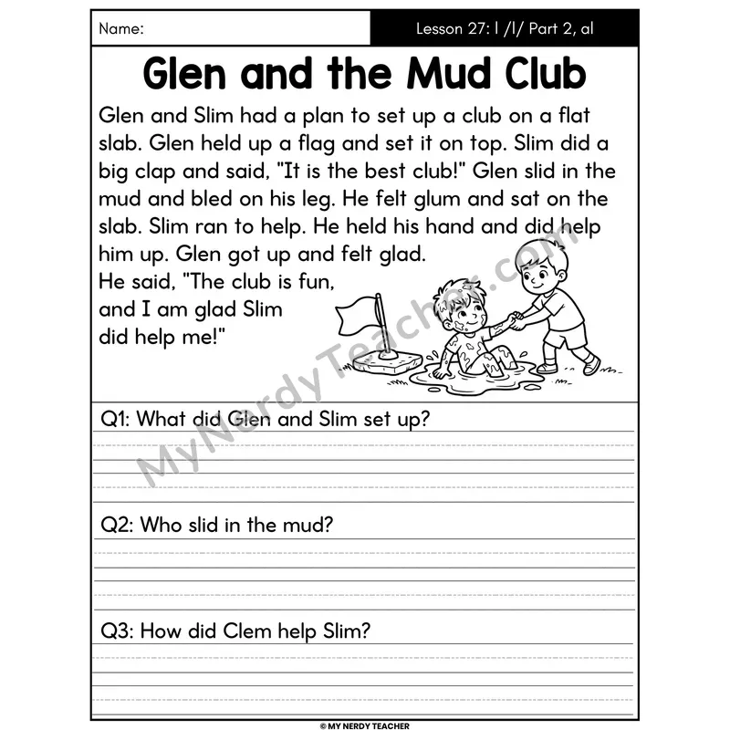 Letter L Sound Part 2 and -al Decodable Passage - Glen and the Mud Club (Written Answers)
