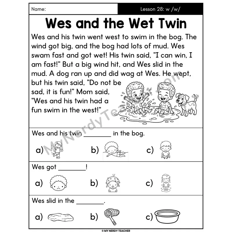 Letter W Sound Decodable Passage - Wes and the Wet Twin (Picture Choices)