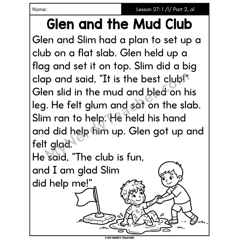 Letter L Sound Part 2 and -al Decodable Passage - Glen and the Mud Club (Large Print)