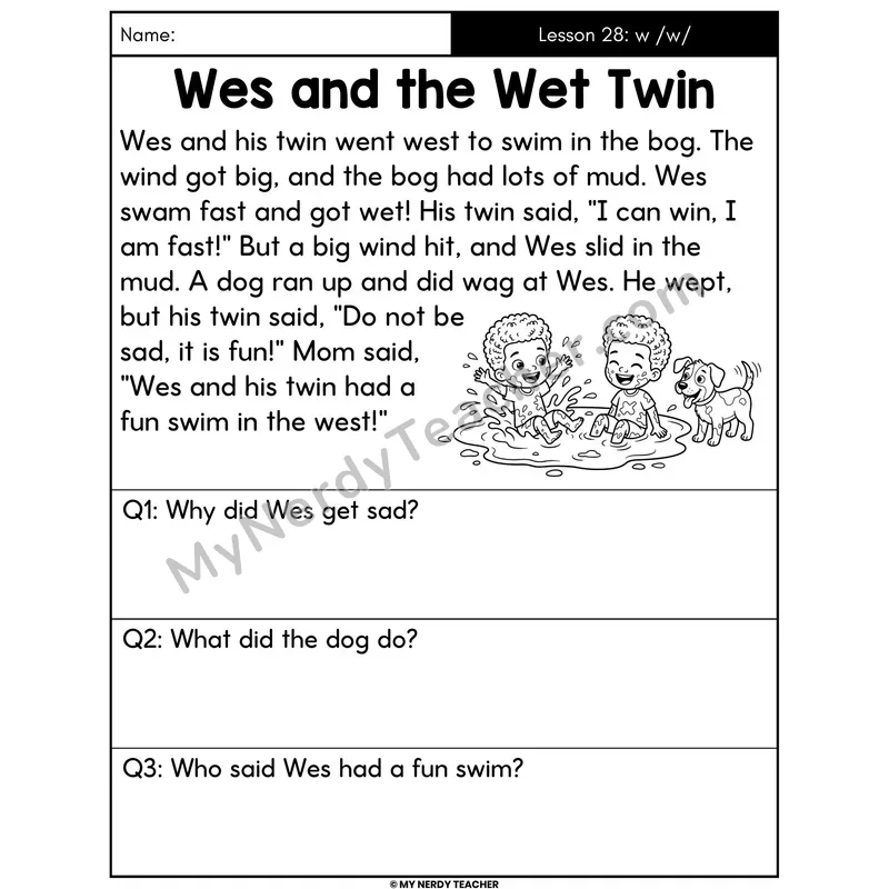 Letter W Sound Decodable Passage - Wes and the Wet Twin (Answer Boxes)