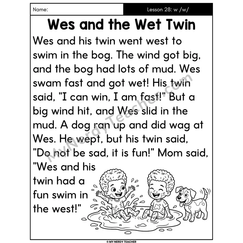 Letter W Sound Decodable Passage - Wes and the Wet Twin (Large Print)