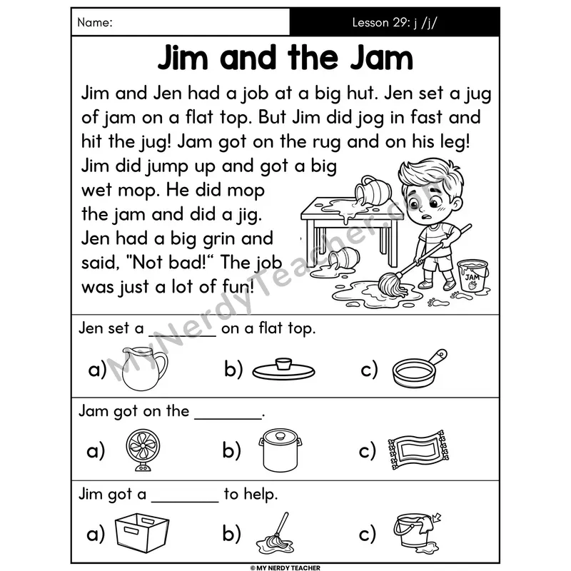 Letter J Sound Decodable Passage - Jim and the Jam (Picture Choices)