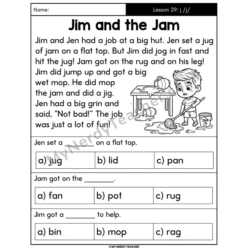 Letter J Sound Decodable Passage - Jim and the Jam (Multiple Choice)