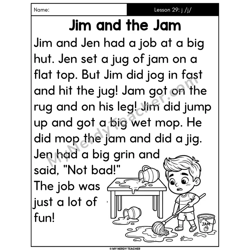 Letter J Sound Decodable Passage - Jim and the Jam (Large Print)