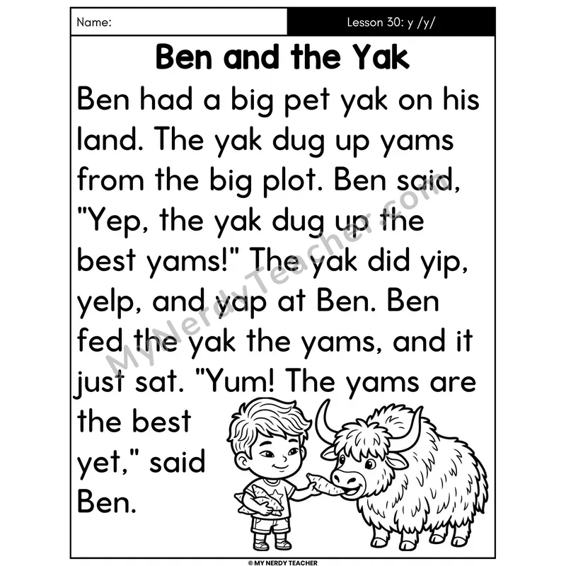 Letter Y Sound Decodable Passage - Ben and the Yak (Large Print)
