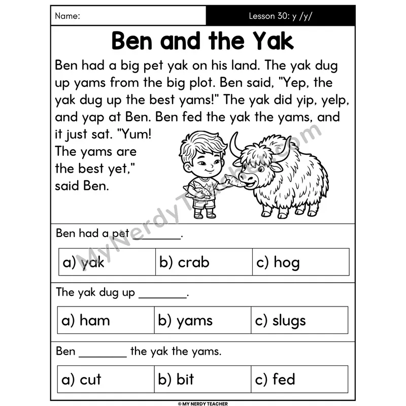 Letter Y Sound Decodable Passage - Ben and the Yak (Multiple Choice)