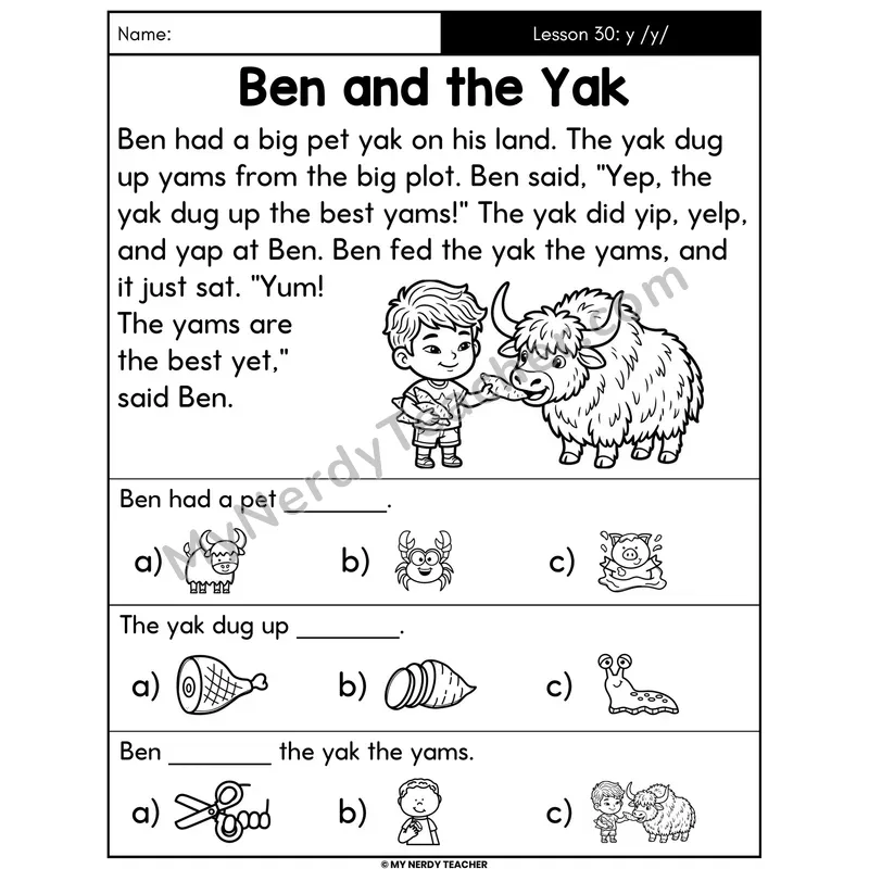Letter Y Sound Decodable Passage - Ben and the Yak (Picture Choices)
