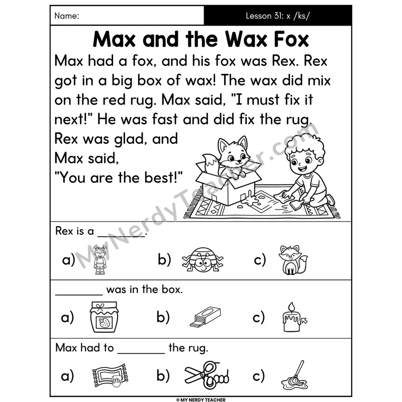 Letter X Sound /ks/ Decodable Passage - Max and the Wax Fox (Picture Choices)