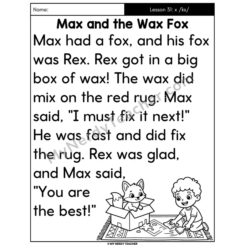 Letter X Sound /ks/ Decodable Passage - Max and the Wax Fox (Large Print)