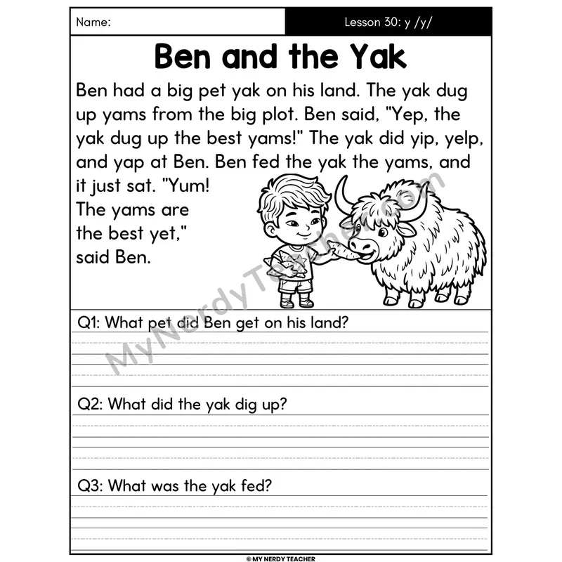 Letter Y Sound Decodable Passage - Ben and the Yak (Written Answers)