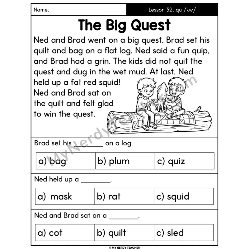 QU Sound /kw/ Decodable Passage - The Big Quest (Multiple Choice)