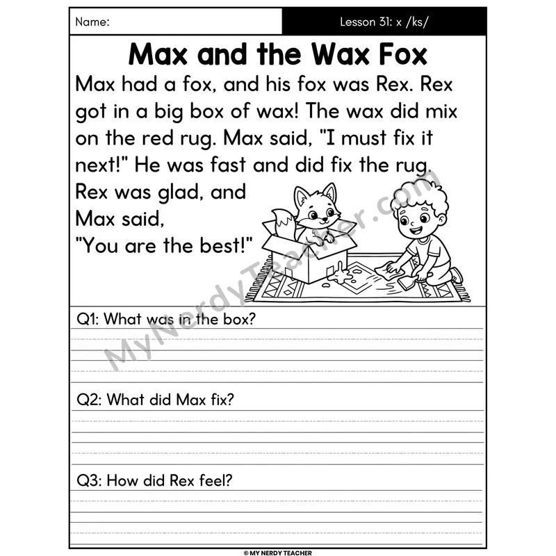 Letter X Sound /ks/ Decodable Passage - Max and the Wax Fox (Written Answers)