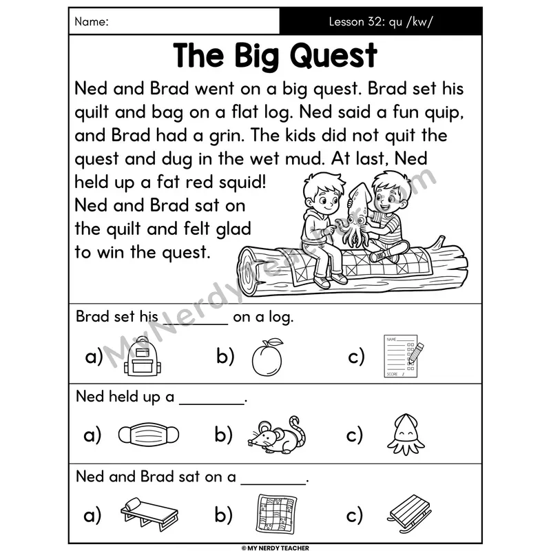 QU Sound /kw/ Decodable Passage - The Big Quest (Picture Choices)