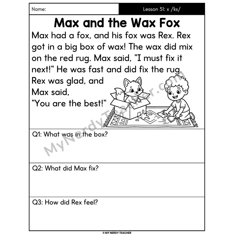 Letter X Sound /ks/ Decodable Passage - Max and the Wax Fox (Answer Boxes)