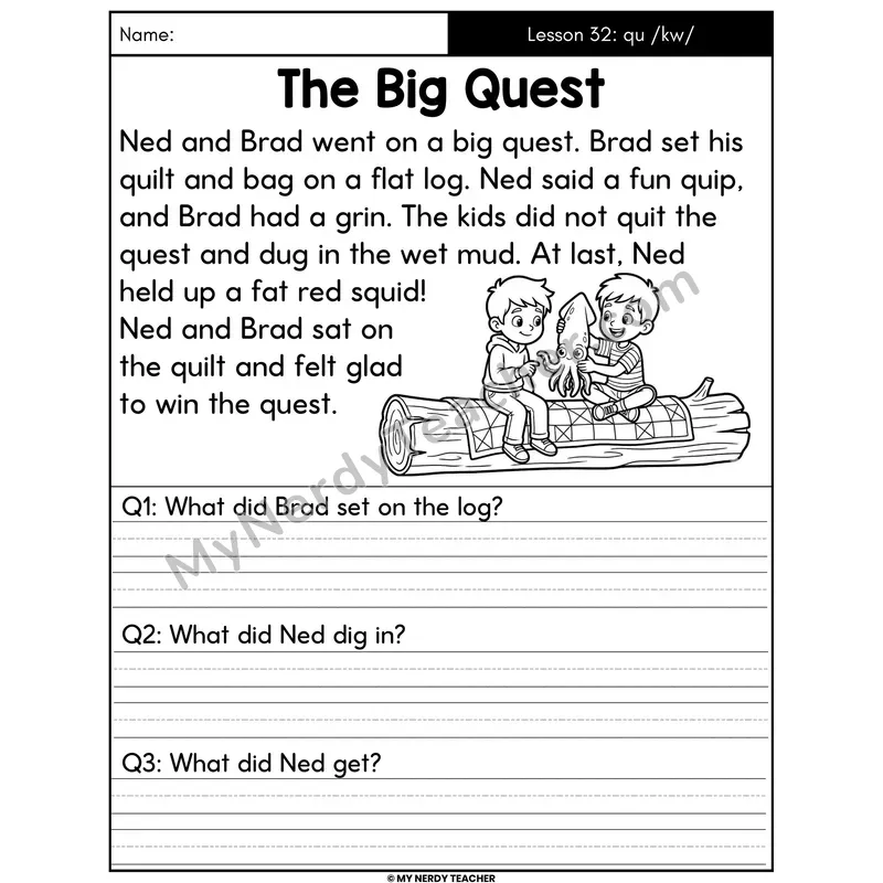 QU Sound /kw/ Decodable Passage - The Big Quest (Written Answers)