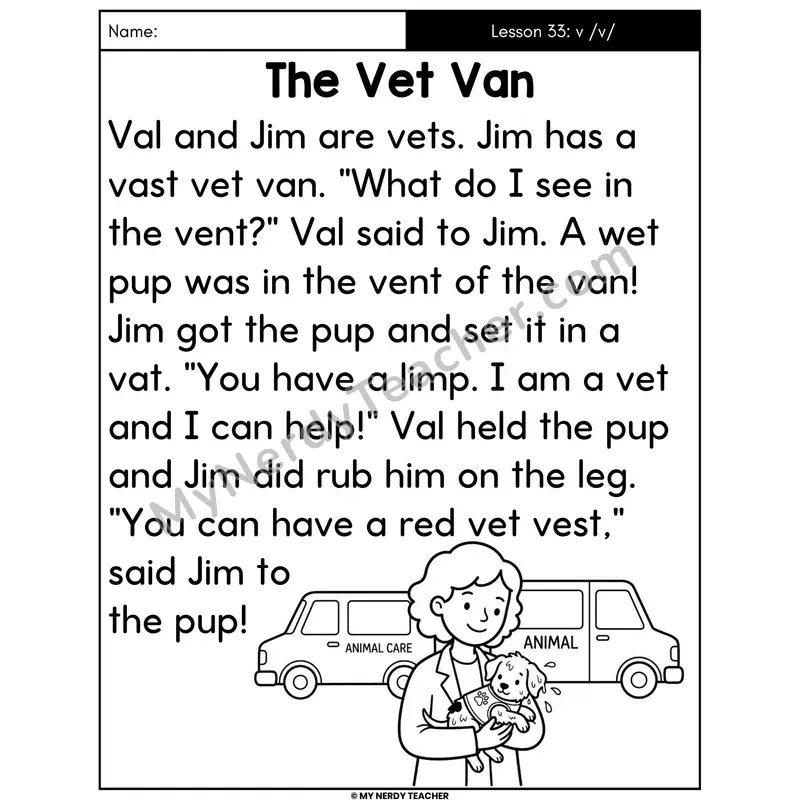 Letter V Sound Decodable Passage - The Vet Van (Large Print)