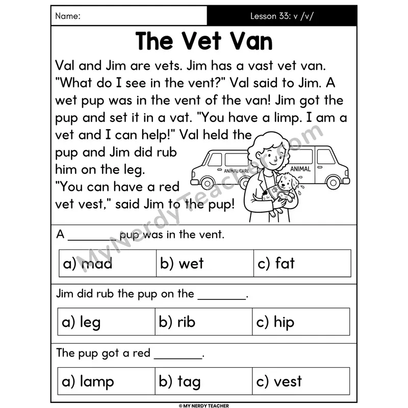 Letter V Sound Decodable Passage - The Vet Van (Multiple Choice)