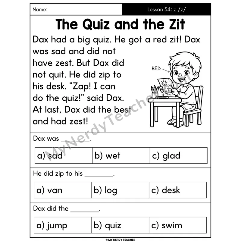 Letter Z Sound Decodable Passage - The Quiz and the Zit (Multiple Choice)