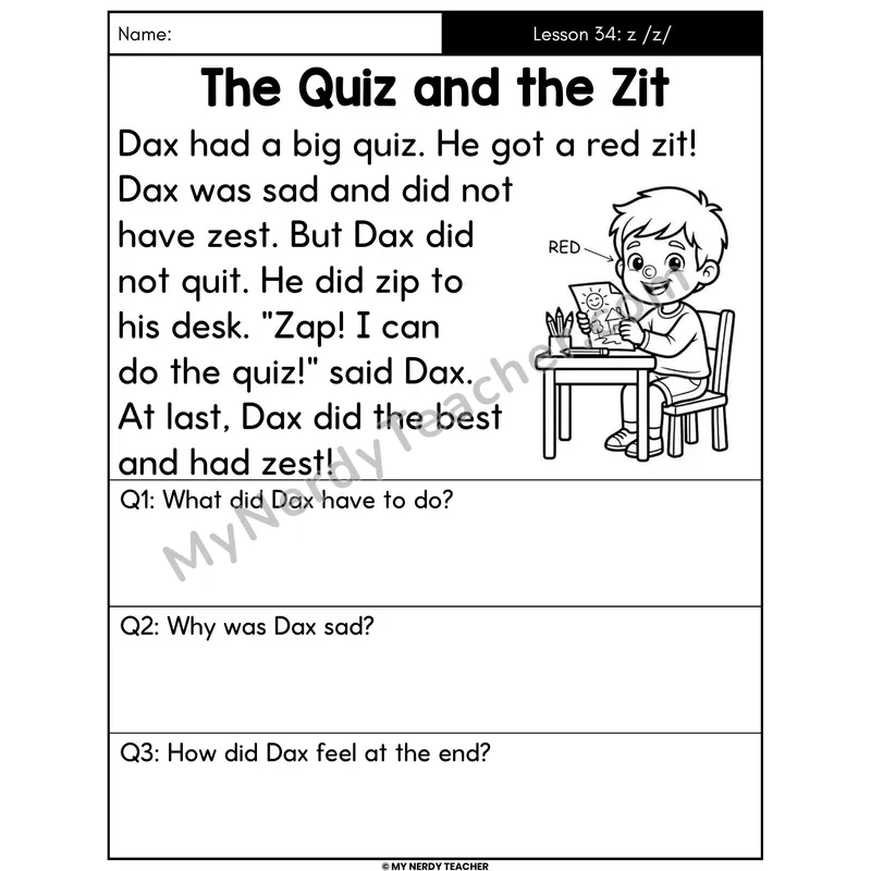 Letter Z Sound Decodable Passage - The Quiz and the Zit (Answer Boxes)