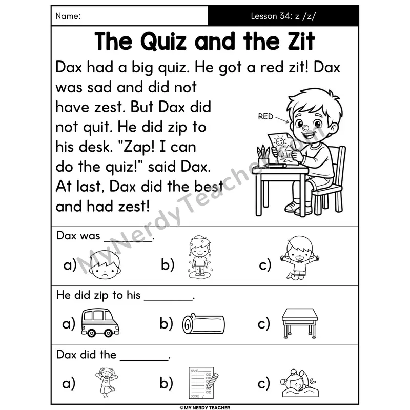 Letter Z Sound Decodable Passage - The Quiz and the Zit (Picture Choices)
