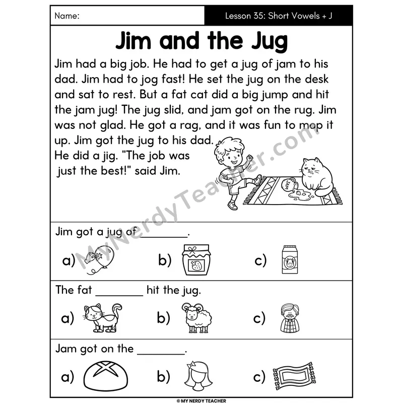 Short A Review Decodable Passage - Jim and the Jug (Picture Choices)