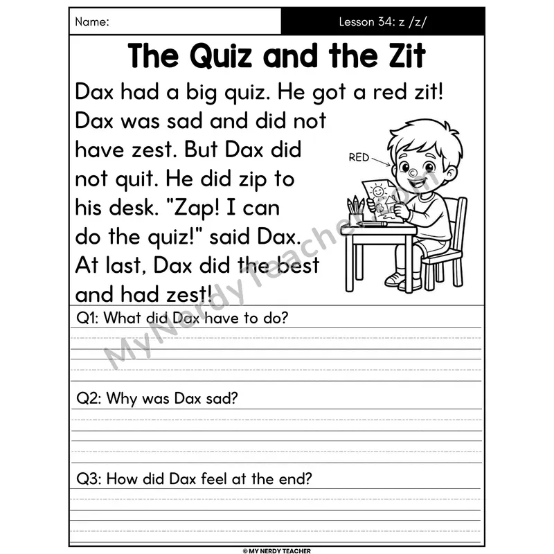Letter Z Sound Decodable Passage - The Quiz and the Zit (Written Answers)
