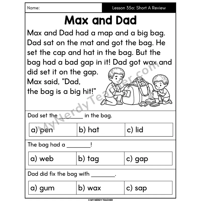 Short A Review Decodable Passage - Max and Dad (Multiple Choice)