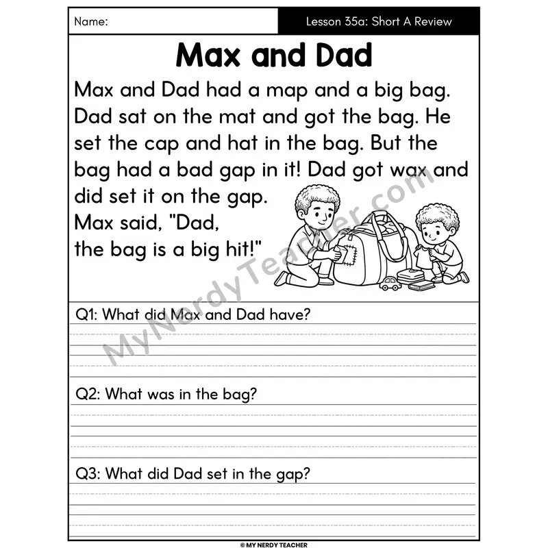 Short A Review Decodable Passage - Max and Dad (Written Answers)