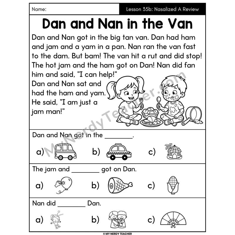 Nasalized A Review Decodable Passage - Dan and Nan in the Van (Picture Choices)
