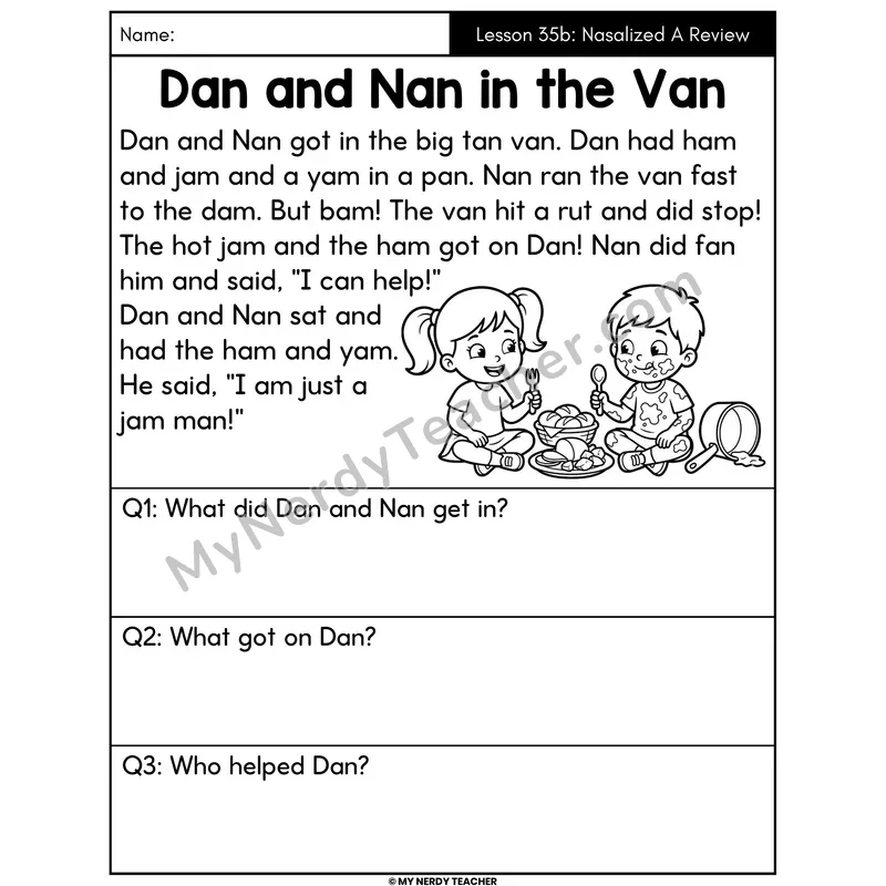 Nasalized A Review Decodable Passage - Dan and Nan in the Van (Answer Boxes)