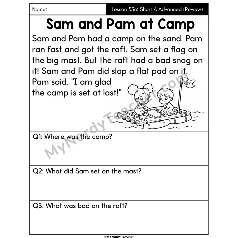 Short A Advanced Review Decodable Passage - Sam and Pam at Camp (Answer Boxes)