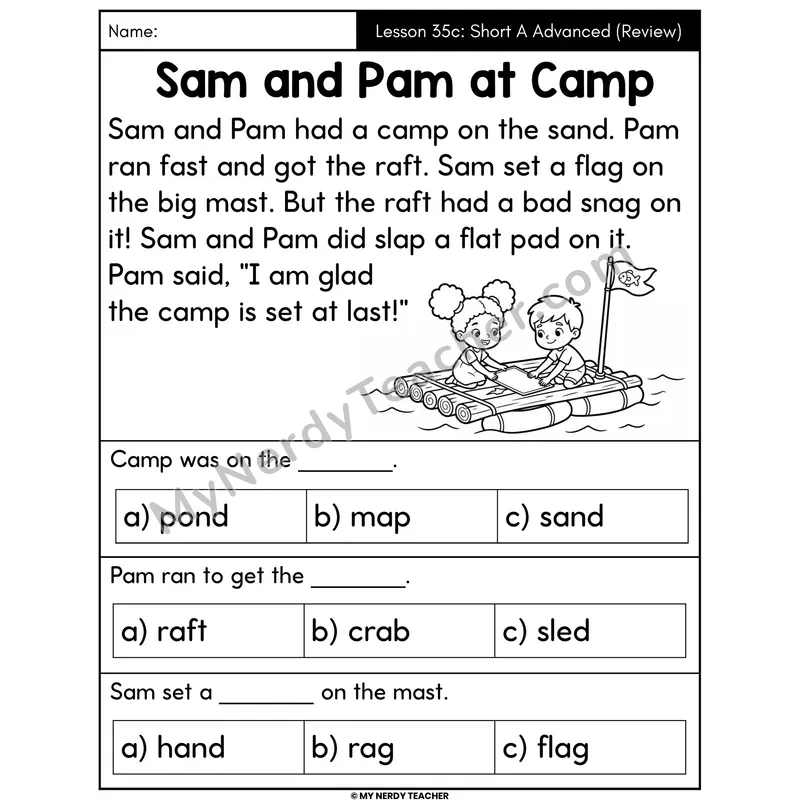 Short A Advanced Review Decodable Passage - Sam and Pam at Camp (Multiple Choice)