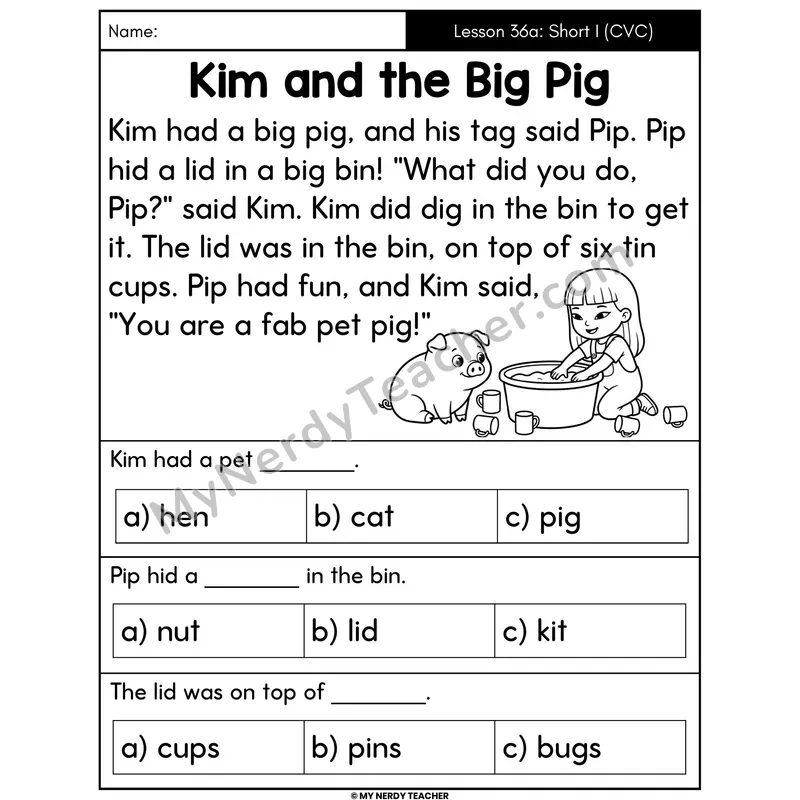 Short I Review Decodable Passage - Kim and the Big Pig (Multiple Choice)