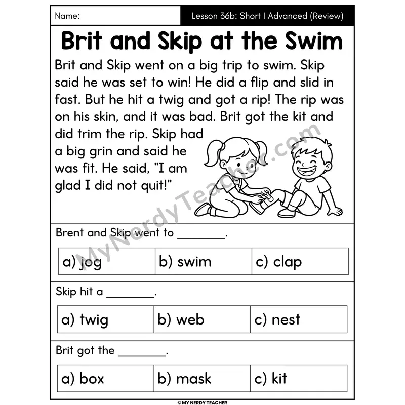 Short I Advanced Review Decodable Passage - Brit and Skip at the Swim (Multiple Choice)