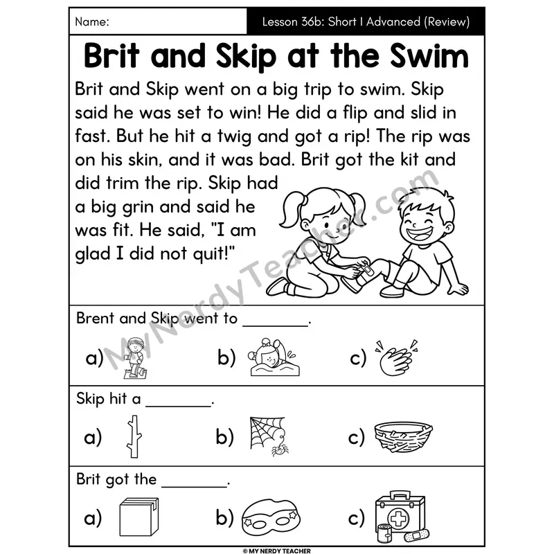 Short I Advanced Review Decodable Passage - Brit and Skip at the Swim (Picture Choices)