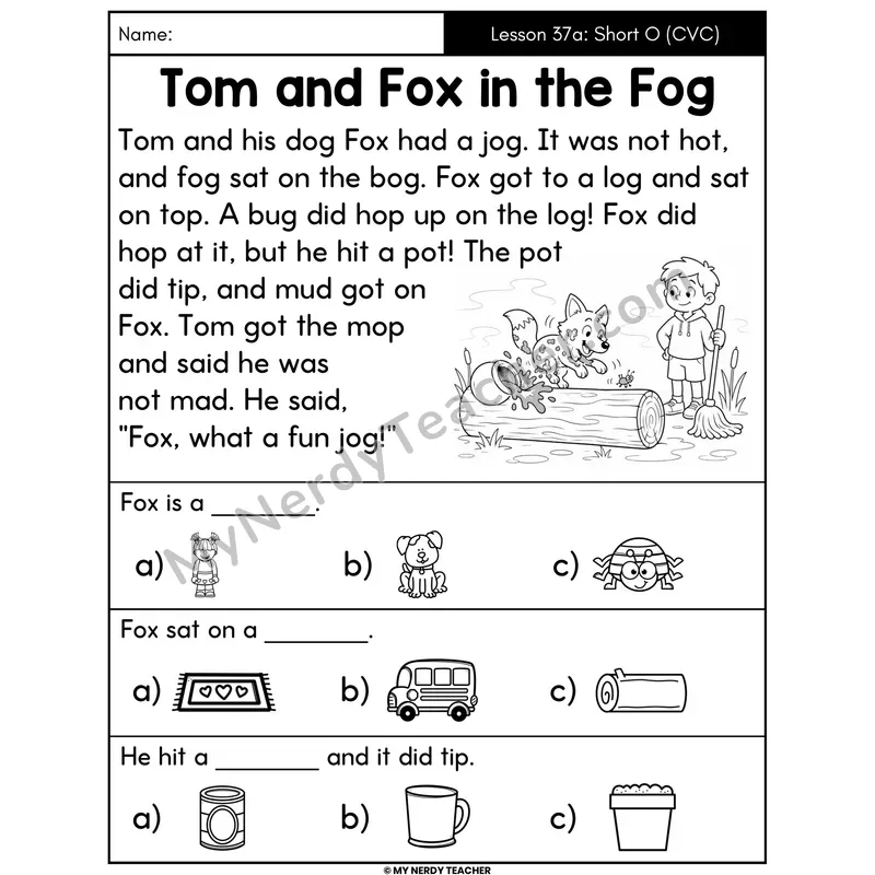 Short O Review Decodable Passage - Tom and Fox in the Fog (Picture Choices)