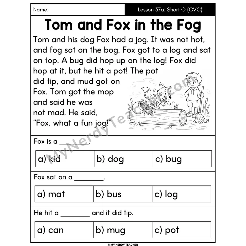 Short O Review Decodable Passage - Tom and Fox in the Fog (Multiple Choice)
