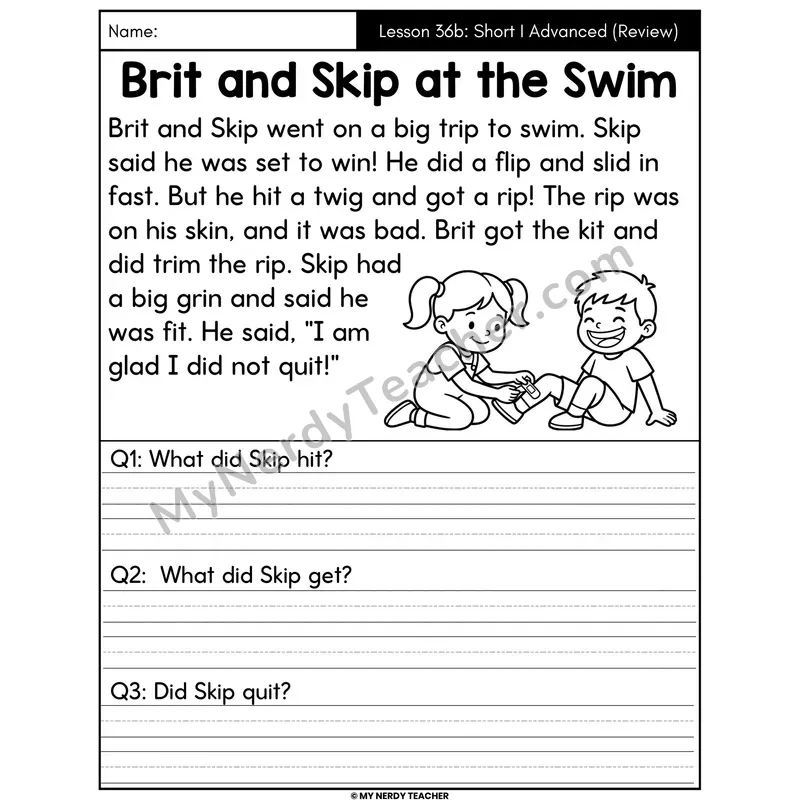 Short I Advanced Review Decodable Passage - Brit and Skip at the Swim (Written Answers)