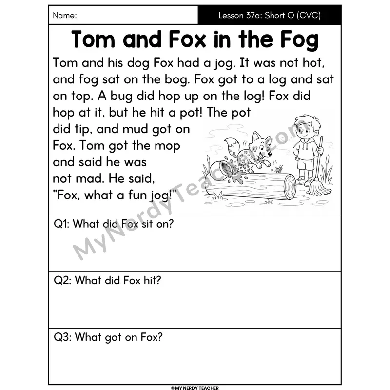 Short O Review Decodable Passage - Tom and Fox in the Fog (Answer Boxes)
