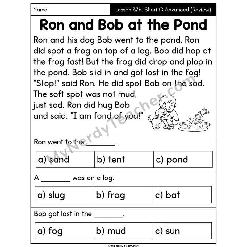 Short O Advanced Review Decodable Passage - Ron and Bob at the Pond (Multiple Choice)