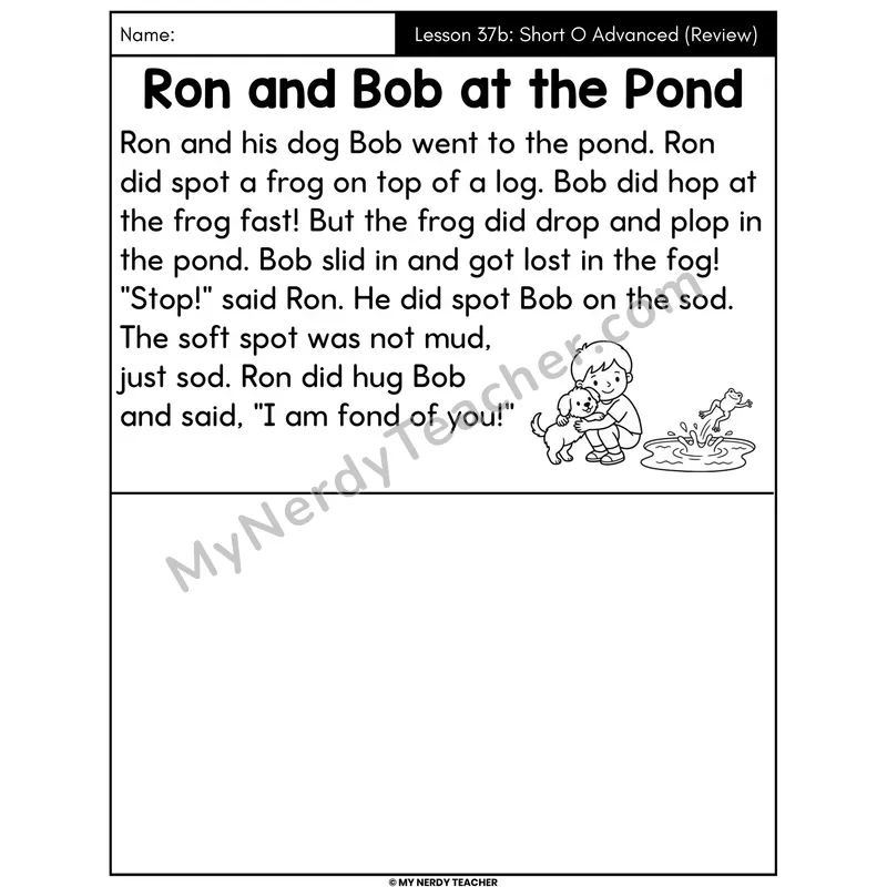 Short O Advanced Review Decodable Passage - Ron and Bob at the Pond (Draw the Story)