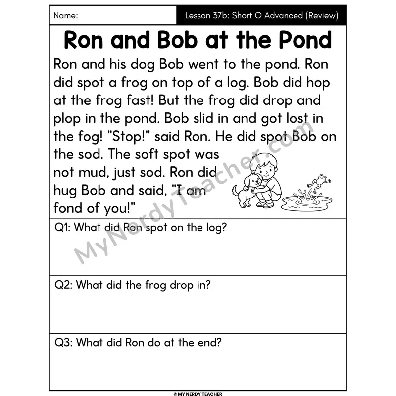 Short O Advanced Review Decodable Passage - Ron and Bob at the Pond (Answer Boxes)
