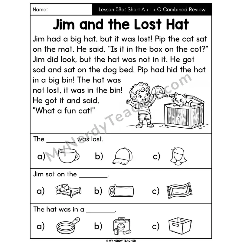 Short A I O Review Decodable Passage - Jim and the Lost Hat (Picture Choices)