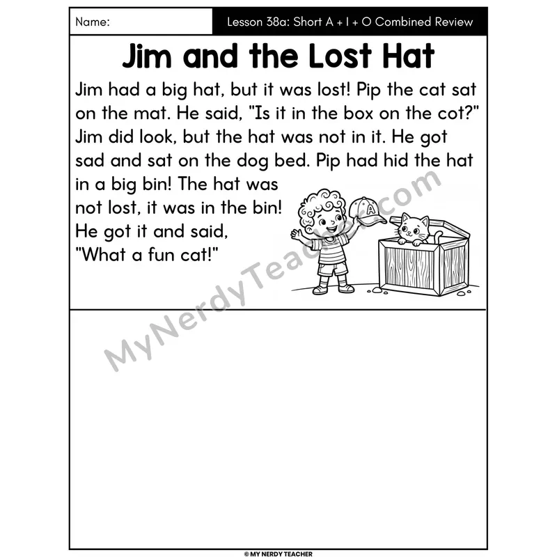 Short A I O Review Decodable Passage - Jim and the Lost Hat (Draw the Story)