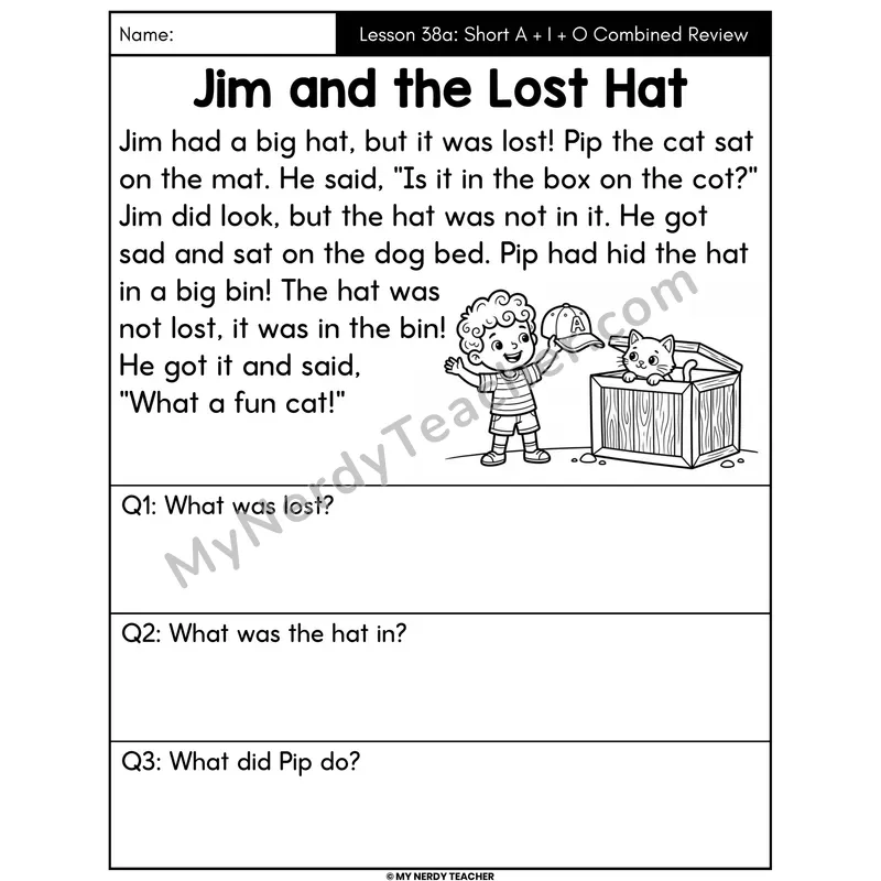 Short A I O Review Decodable Passage - Jim and the Lost Hat (Answer Boxes)