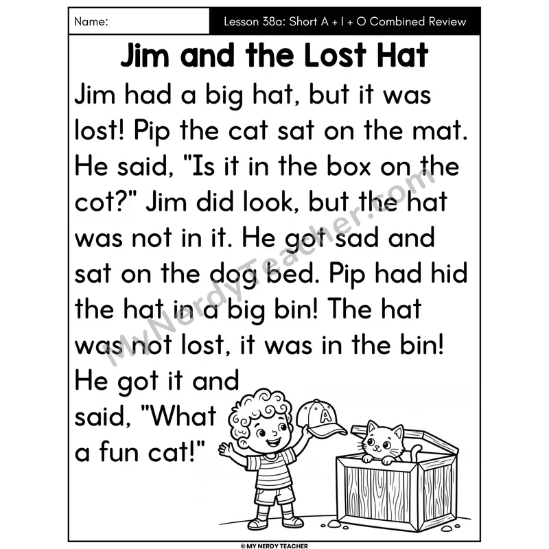 Short A I O Review Decodable Passage - Jim and the Lost Hat (Large Print)