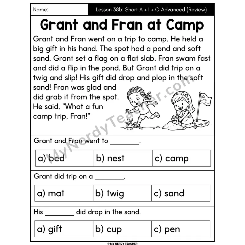 Short A I O Advanced Review Decodable Passage - Grant and Fran at Camp (Multiple Choice)